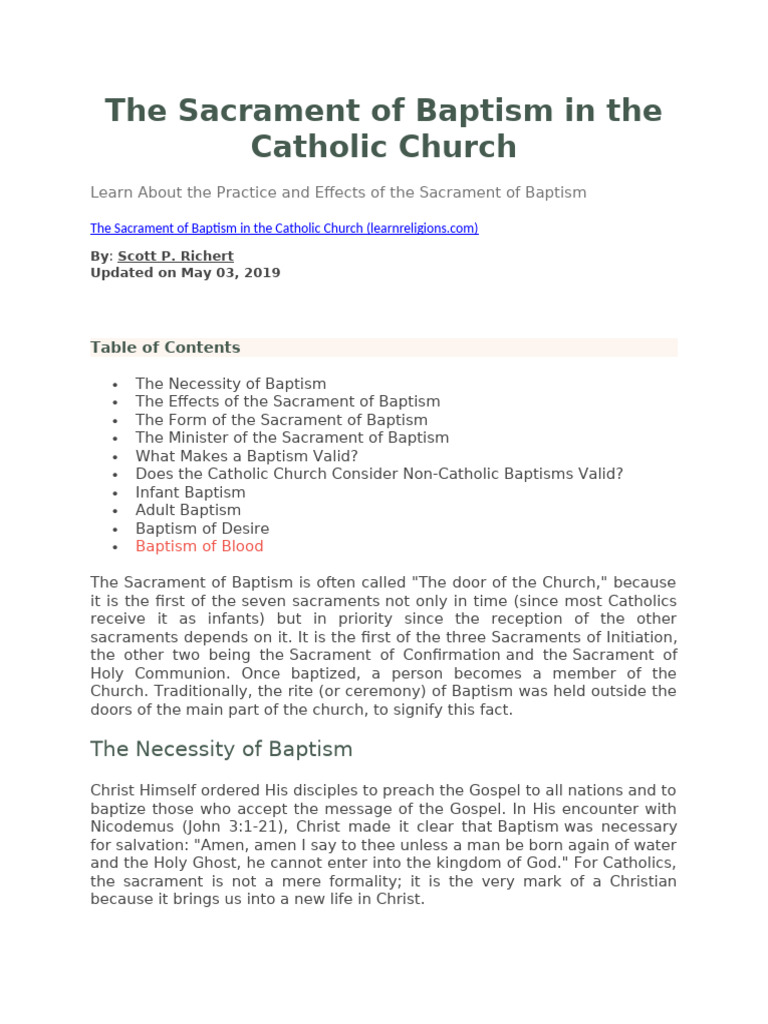 The Sacrament of Baptism in the Catholic Church | PDF | Baptism ...