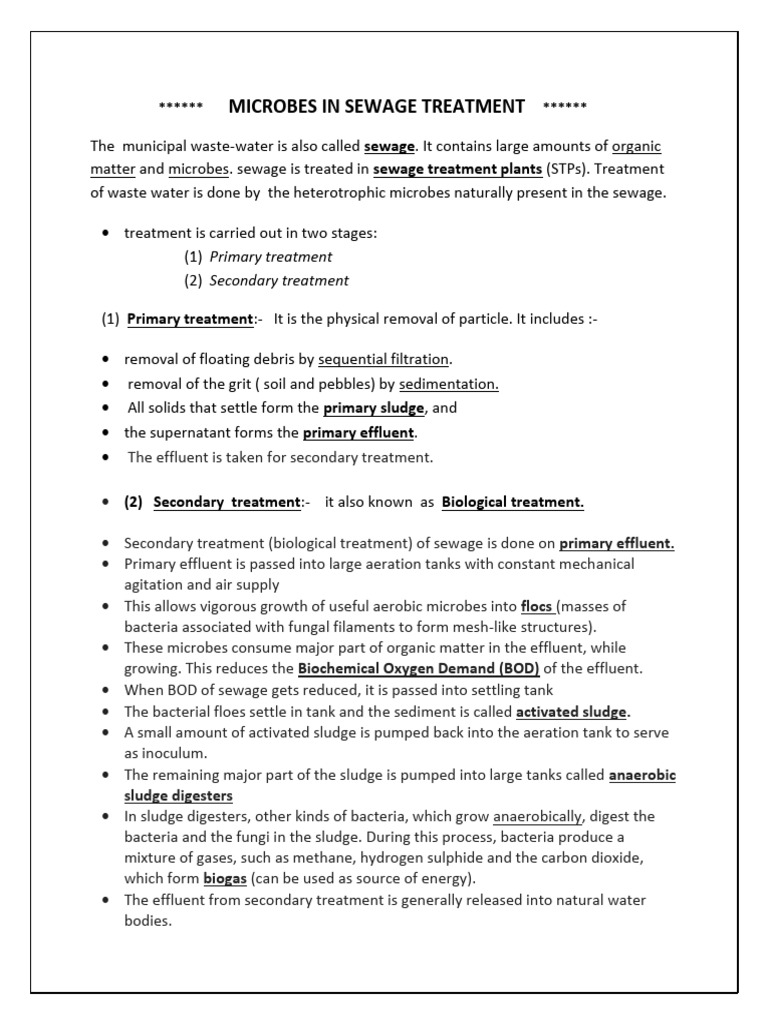 Microbial Roles in Sewage Treatment | PDF | Sewage Treatment | Biogas