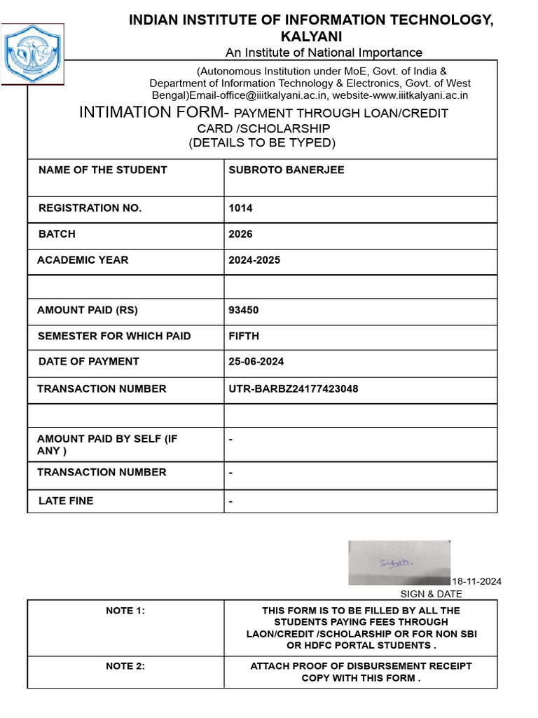 Fee Intimation Form - Loan Credit Card Scholarship | PDF