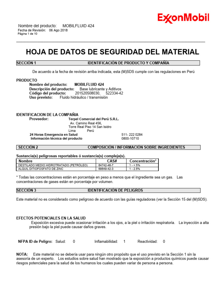 Mobil Fluid 424 | PDF | Guante | Descarga electrostática