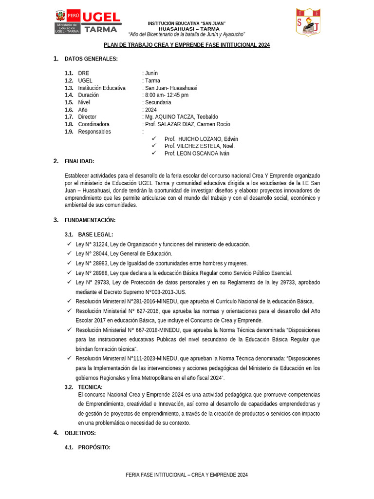 Plan de Trabajo Crea y Emprende 2024 - San Juan | PDF | Iniciativa ...