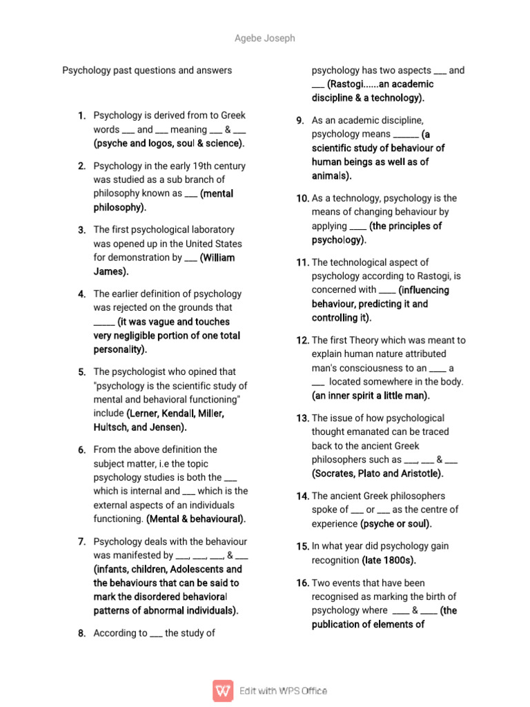 Psychology Past Questions & Answers | PDF | Psychology | Cognitive Science