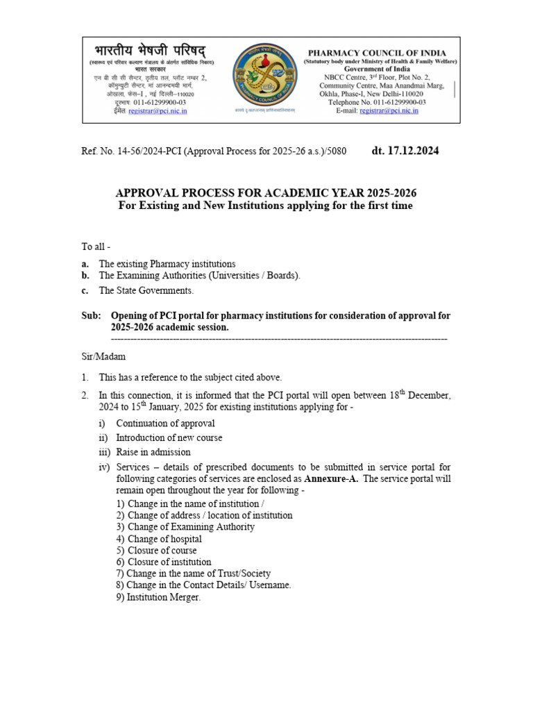 PCI Approval Cir 2025-26 | PDF | Pharmaceutical Sciences | Pharmacy