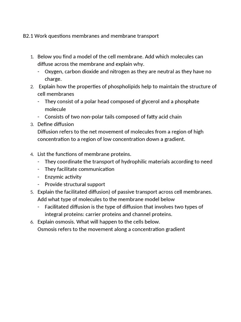 B2.1.1-B2.1.10 Work Questions Cell Membrane | PDF