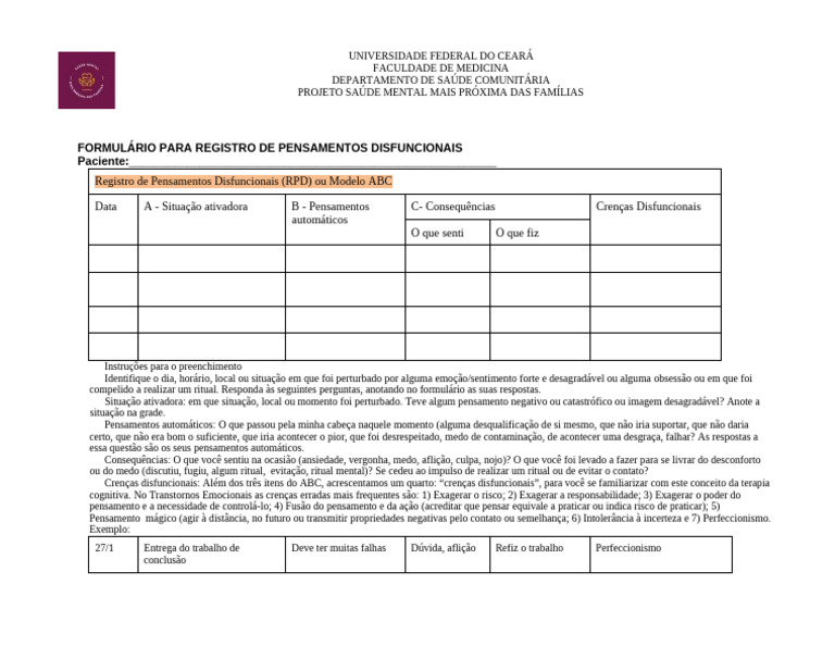Formulário de Registro de Pensamentos Disfuncionais | PDF | Pensamento ...