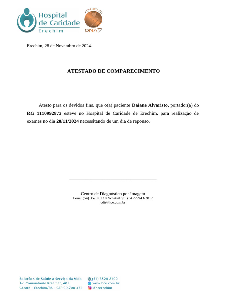 Atestado de Comparecimento Hospitalar | PDF