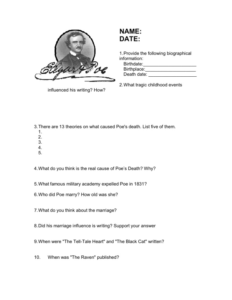 Edgar Allen Poe Timeline Worksheet PDF