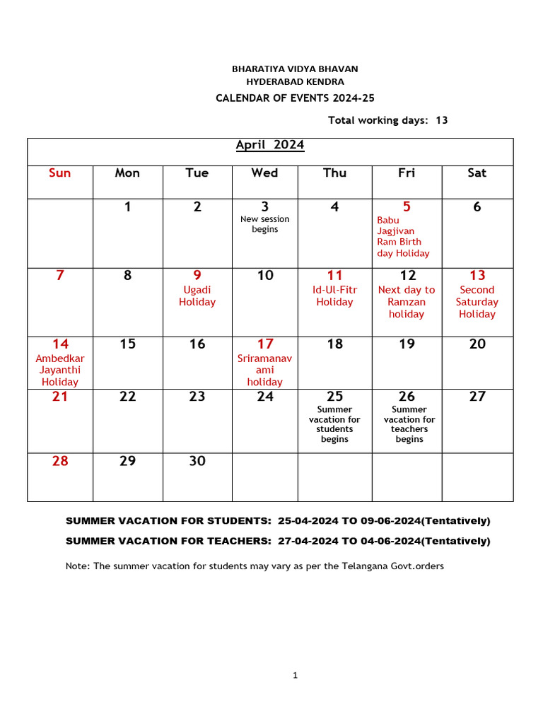 Telangana Schools Academic Calendar 2024-25 | PDF | Religious Holidays ...