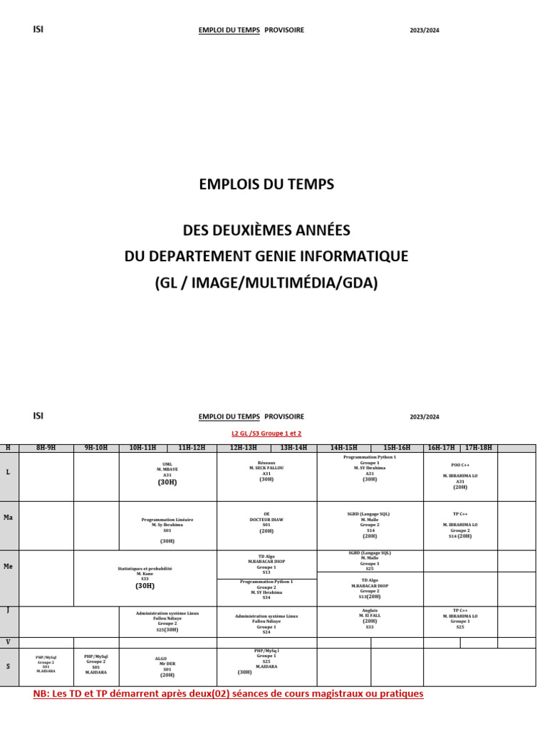 Emploi du Temps L2 Génie Informatique 2023/2024 | PDF | Ingénierie des ...