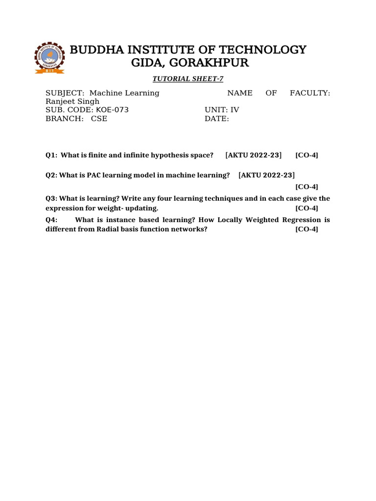 Machine Learning Tutorial Sheet 7 Pdf