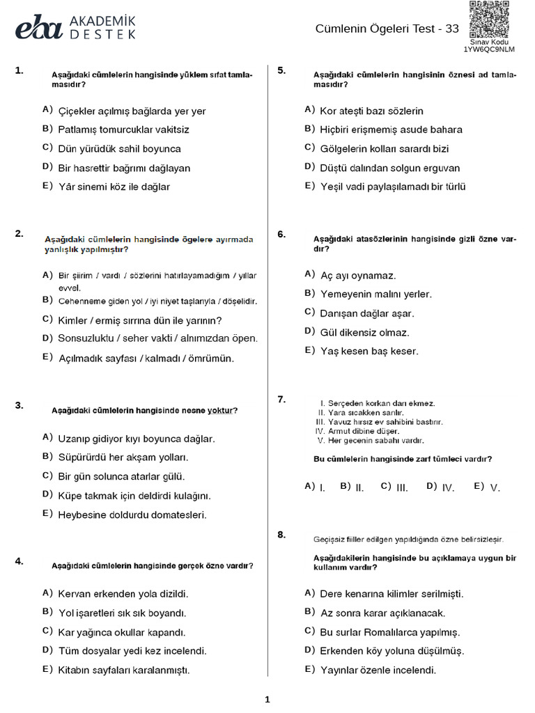 Cümlenin Ögeleri Test 33 | PDF