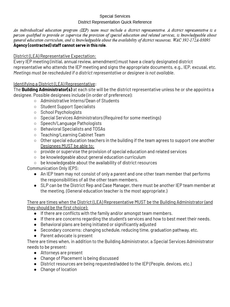 District (LEA) Representative Quick Reference | PDF | Individualized ...