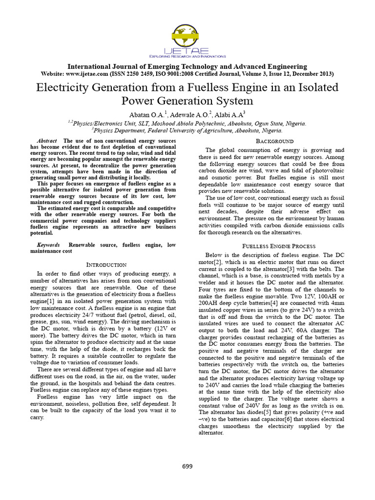 Electricity Generation From A Fuelless Engine in An Isolated Power ...