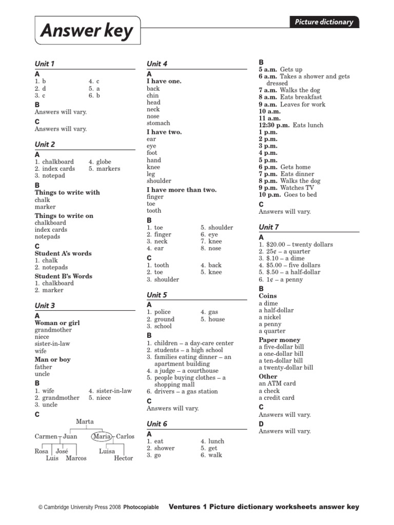 Picture Dictionary Worksheet - Answer Key | PDF