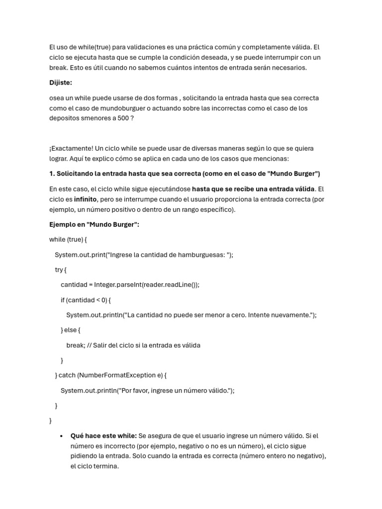 Uso de while(true) para validaciones en Java | PDF | Informática