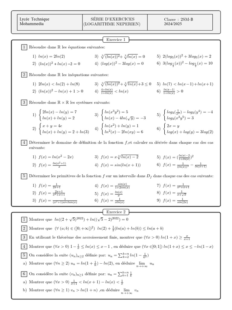 2SM Exercices LN | PDF | Fonction (Mathématiques) | Limite (mathématiques)