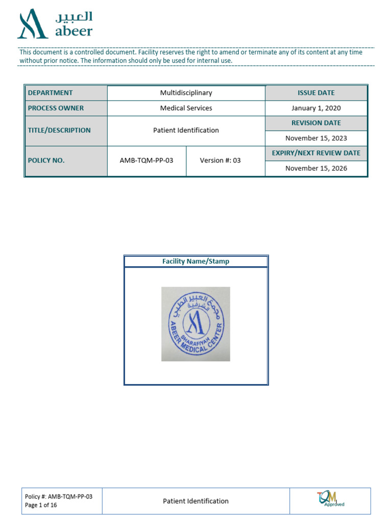 AMB-TQM-PP-03 Patient Identification | PDF | Medical Record | Patient