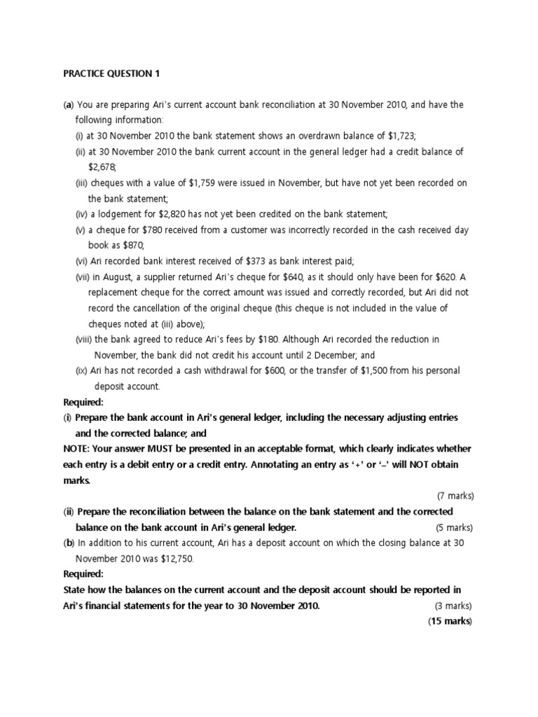 Bank Reconciliation Practice Questions | PDF | Banks | Transaction Account