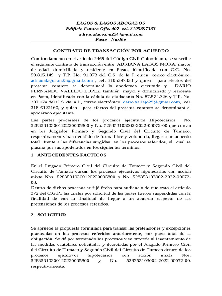 Contrato de Transacción Arnobis Torres | PDF