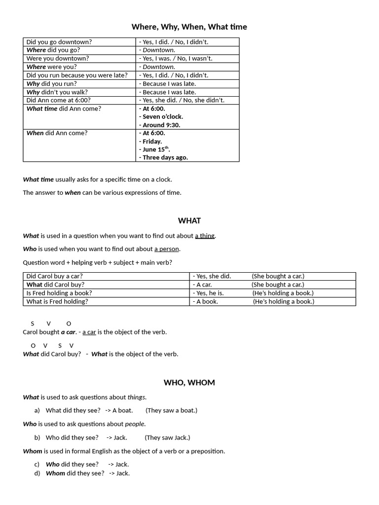 Where, Why, When, What Time, Who, Whom - ELEMENTARY | PDF | Verb ...