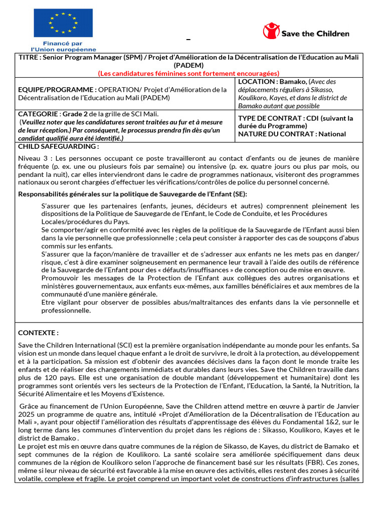 Senior Program Manager - Projet PADEM Mali | PDF | Gestion de projet ...