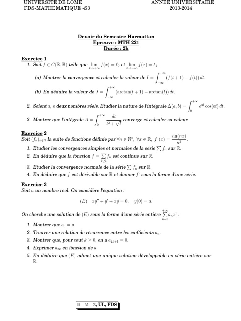 Devoir MTH 221 : Intégrales et Séries | PDF | Fonctionnalités et ...