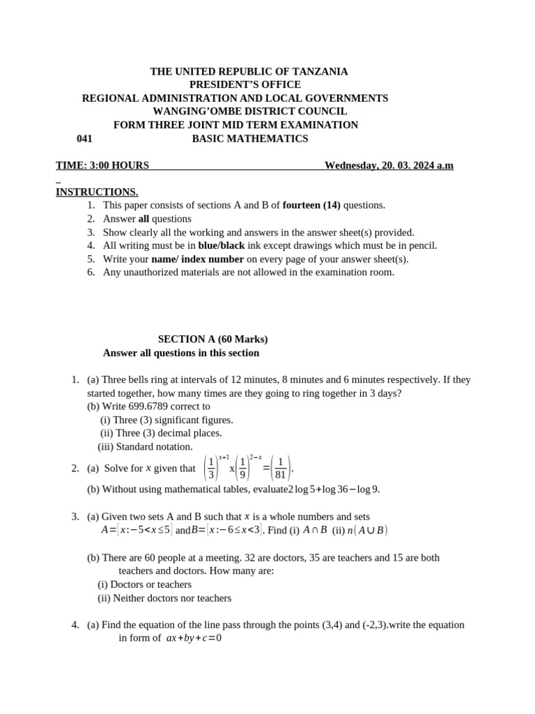 Form Three Mathematics Exam Paper | PDF | Mathematics