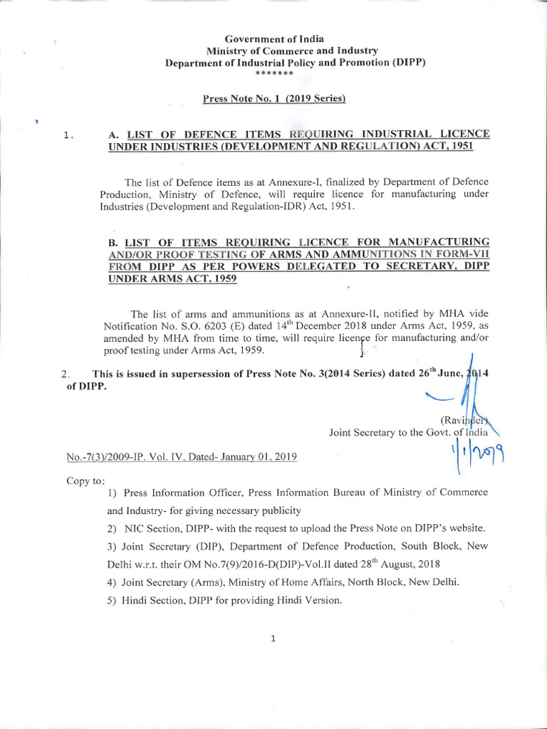 List of Defence Items Requiring Industrial License Under Industries Act ...
