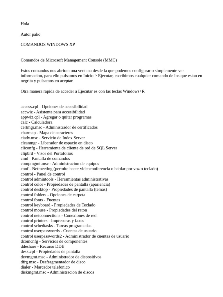 Comandos XP - Odt | PDF | Archivo de computadora | Interfaz de línea de ...