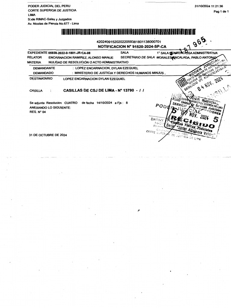 Not N.° 91520-2024-SP-CA 7 NOV 2024. Res. #CUATRO. SENTENCIA VISTA. Exp