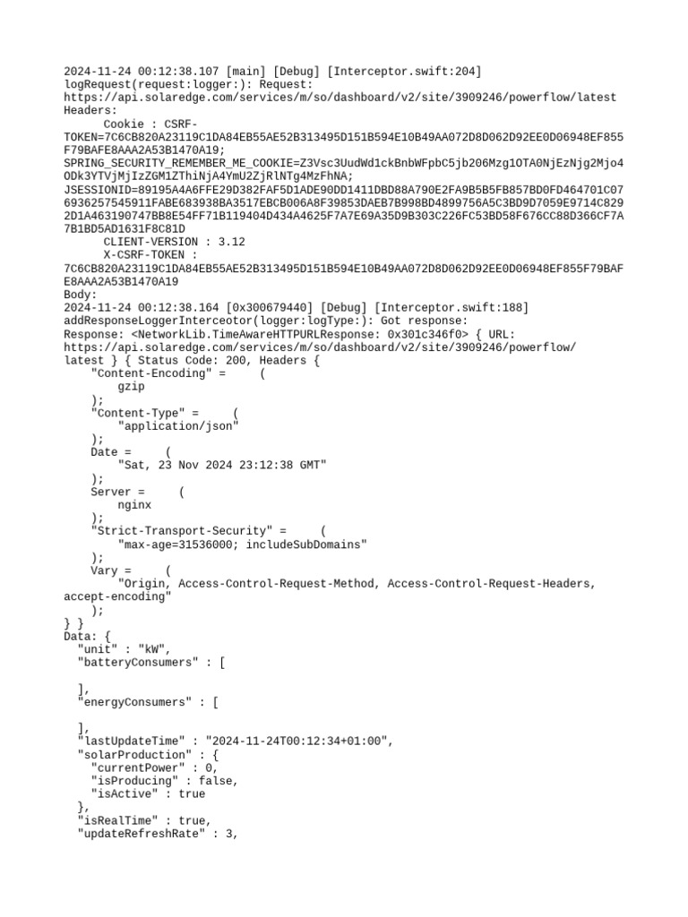 SolarEdge API Powerflow Logs | PDF | Http Cookie | Network Service