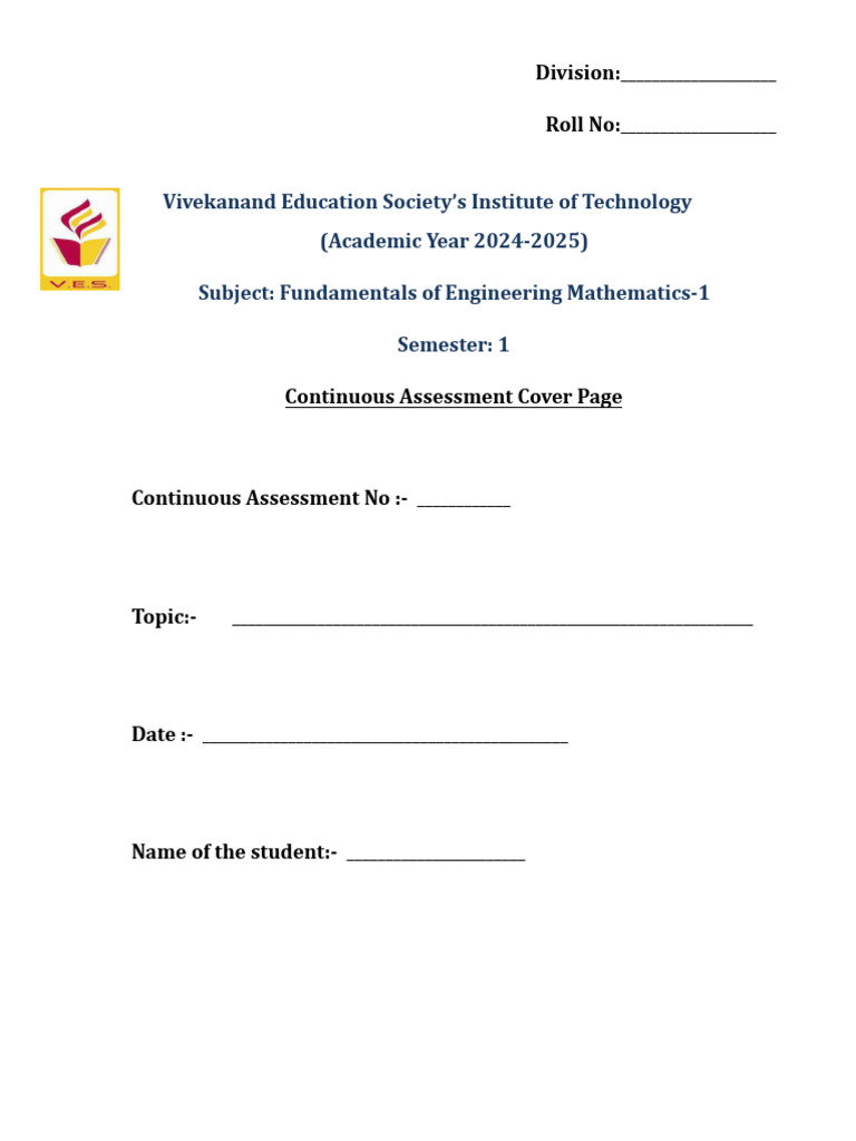 Continuous Assessment Cover Page 2024-25. - FEM | PDF