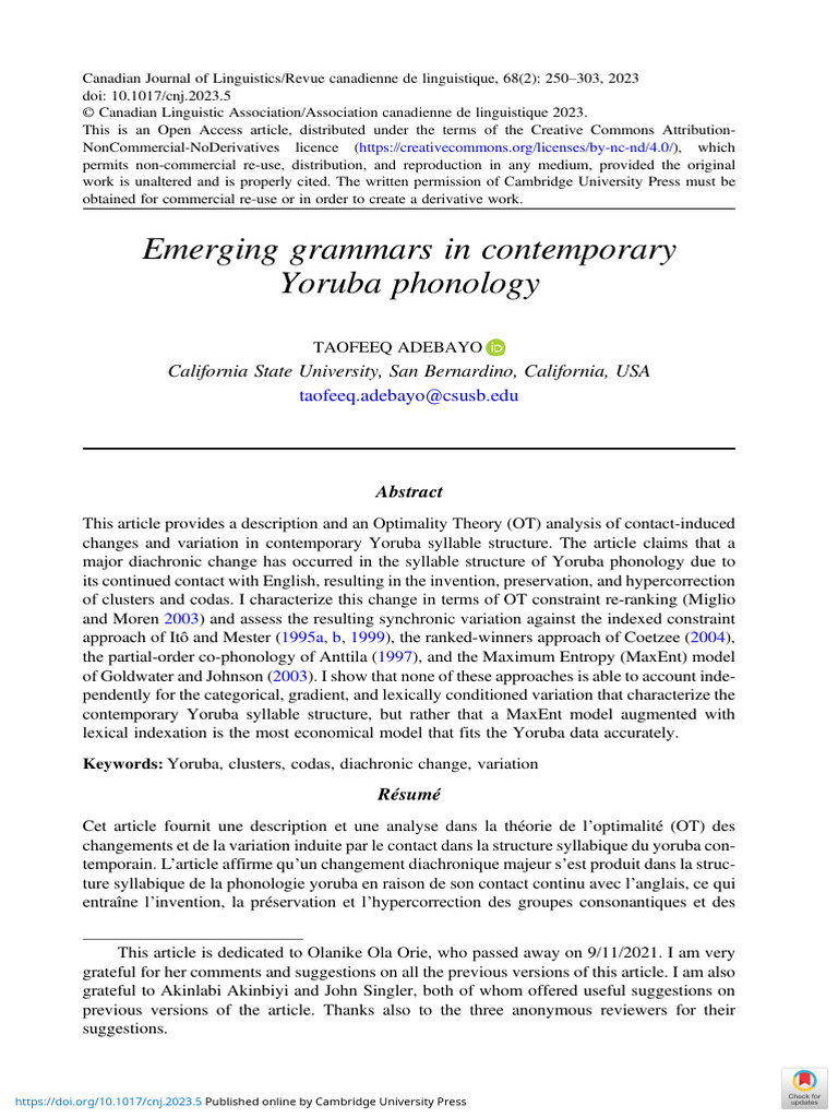 Div Class Title Emerging Grammars in Contemporary Yoruba Phonology Div ...