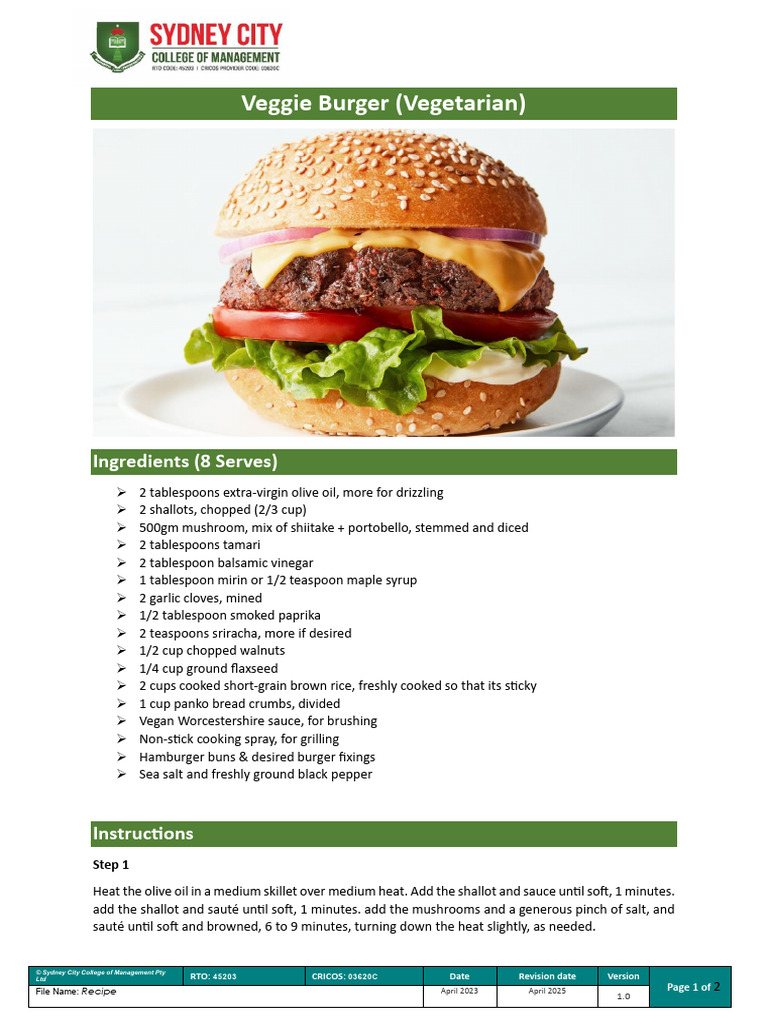 Vegetarian Veggie Burger Recipe | PDF | Grilling | Hamburgers
