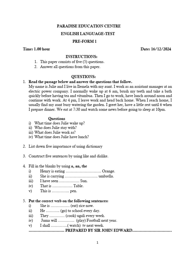 English Test for Pre-Form 1 Students | PDF