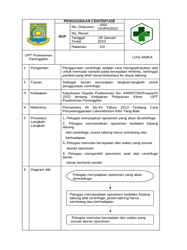 SOP Penggunaan Centrifuge Puskesmas | PDF