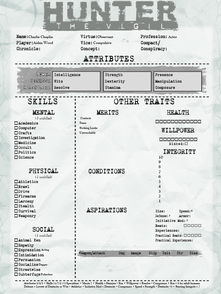 Hunter: The Vigil Character Sheet | PDF