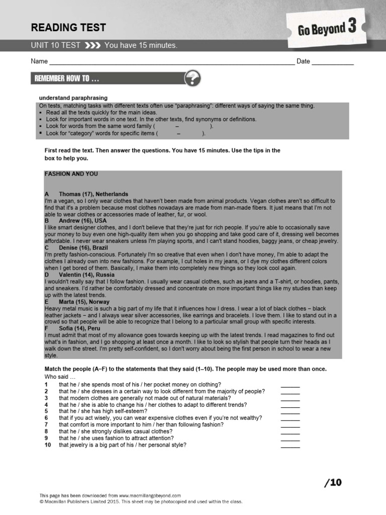 Gobeyond L3 Unit10Test ReadingPaper | PDF | Clothing | Fashion