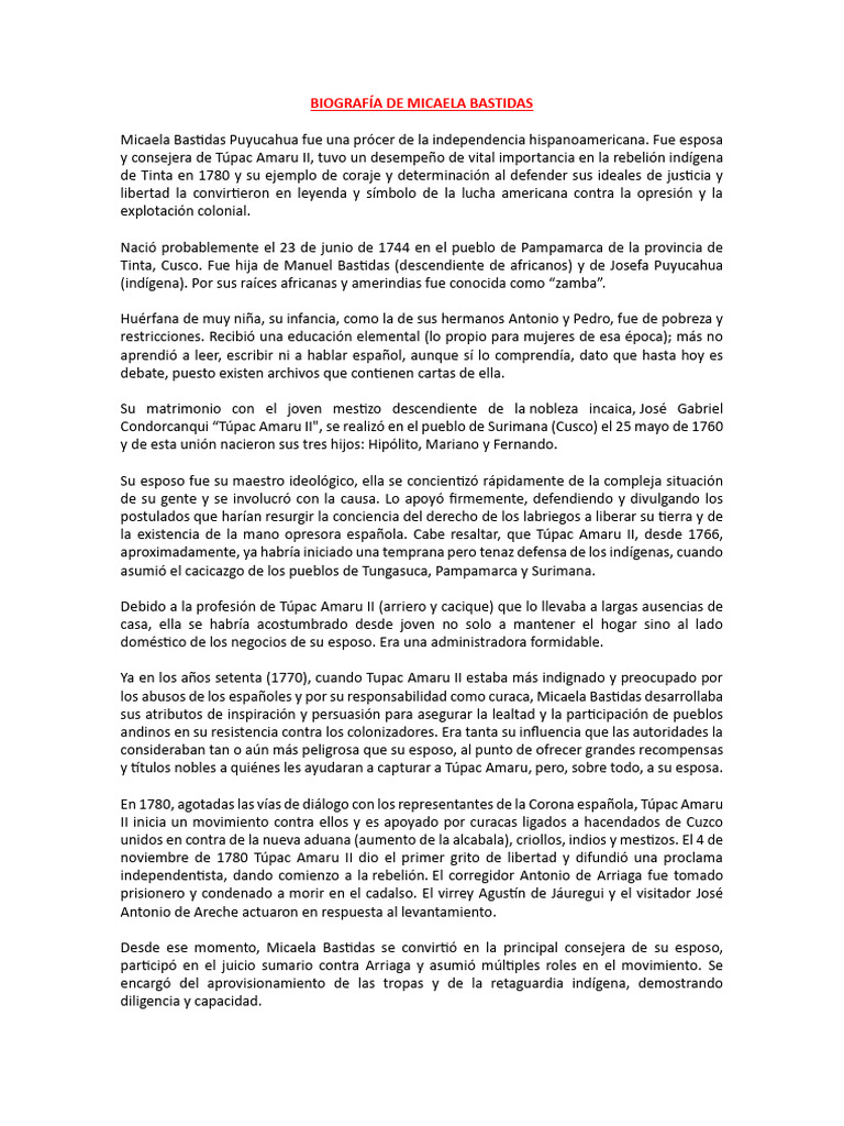Biografía de Micaela Bastidas | PDF | Colonización española de las