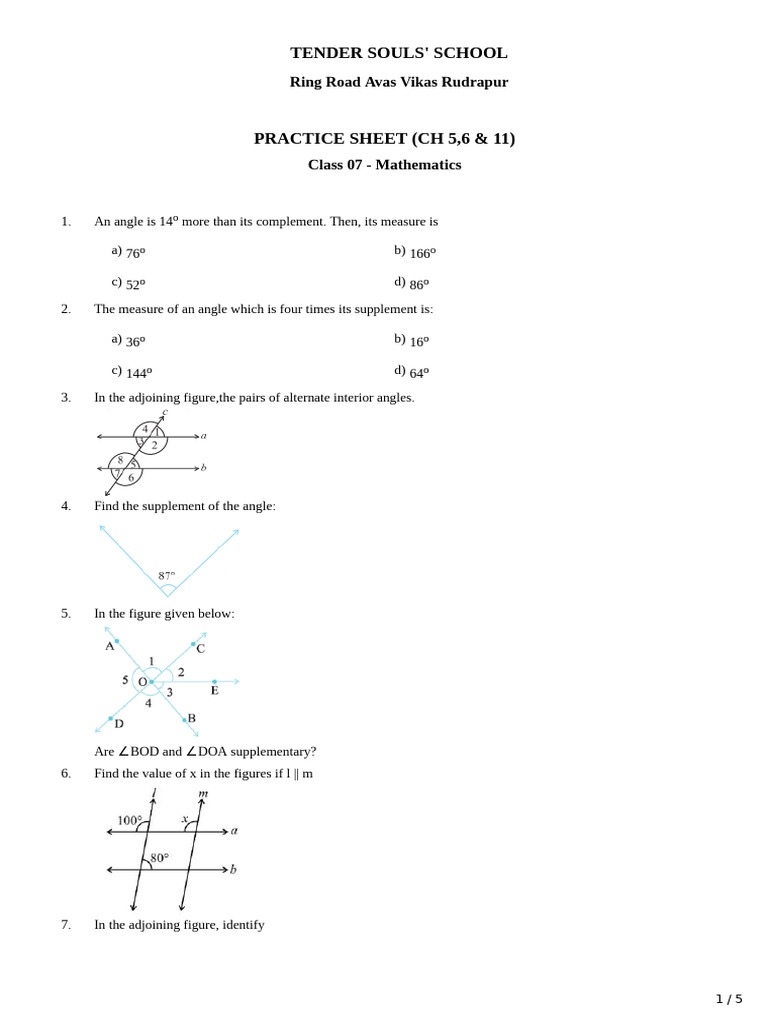 Class 7 Math Practice Sheet: Angles | PDF | Mathematics | Elementary ...