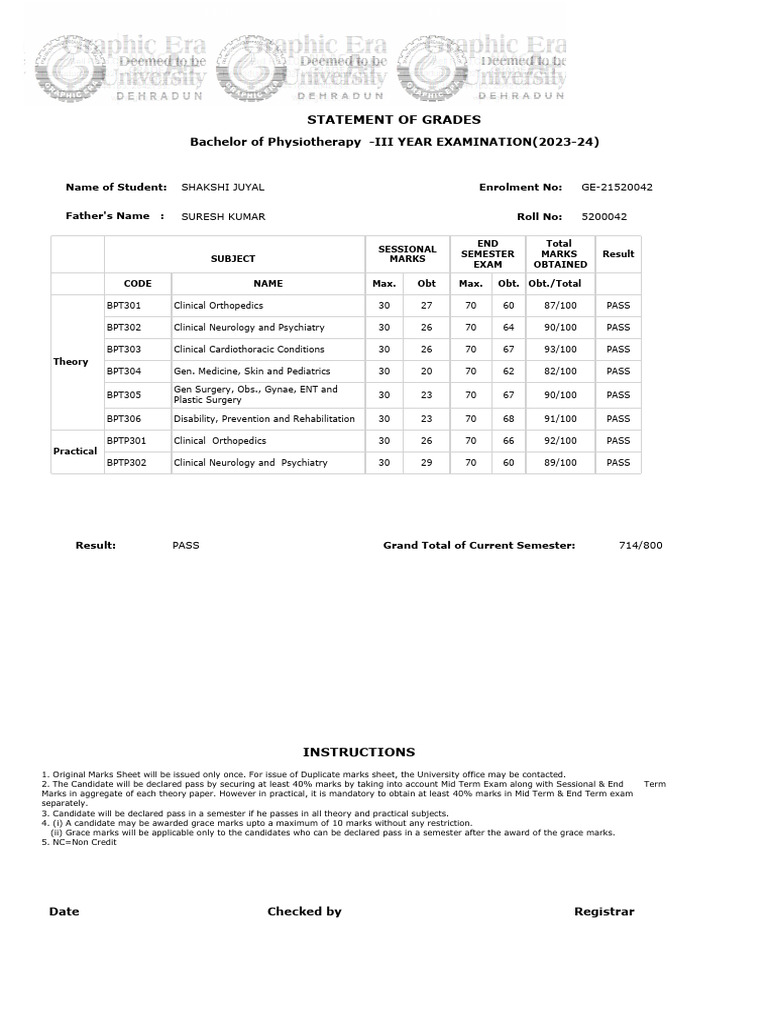 3rd Year Marksheet | PDF | Physical Therapy | Medical Specialties