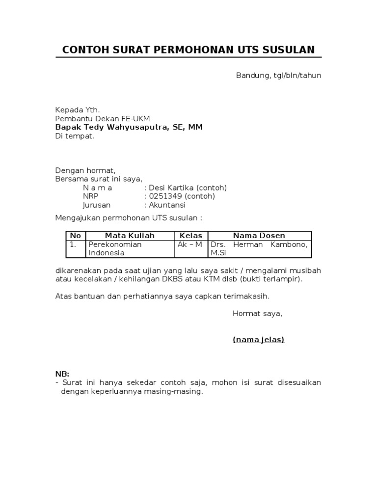 Contoh Surat An Uts Susulan