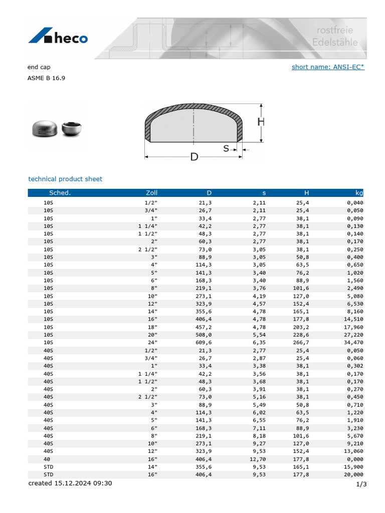 ANSI/ASME End Caps Technical Sheet | PDF | Mechanical Engineering ...