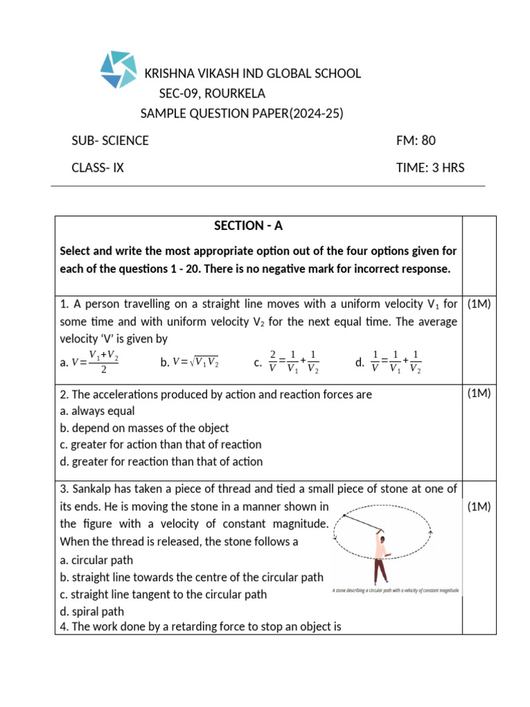 CLASS 9 SAMPLE Q.P SCIENCE | PDF | Tissue (Biology) | Buoyancy