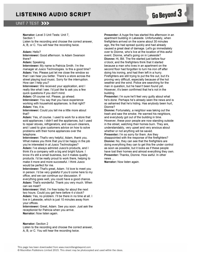 Unit 7 Listening Test Script | PDF