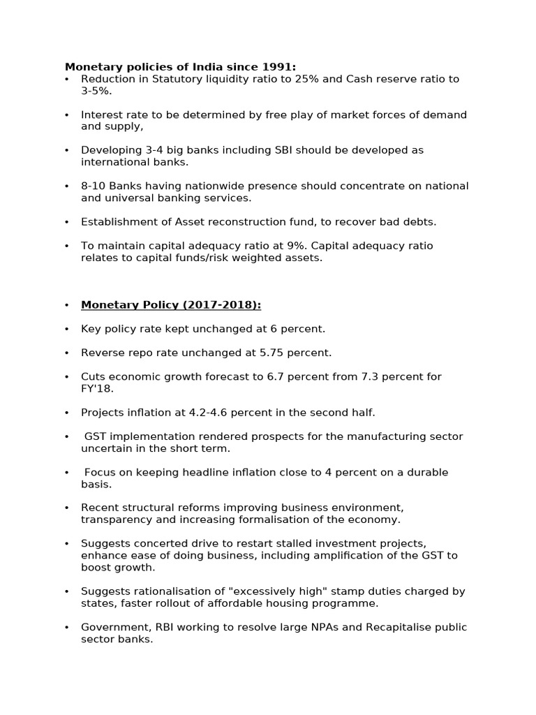 Monetary Policies Since 1991 | PDF | Reserve Bank Of India | Inflation