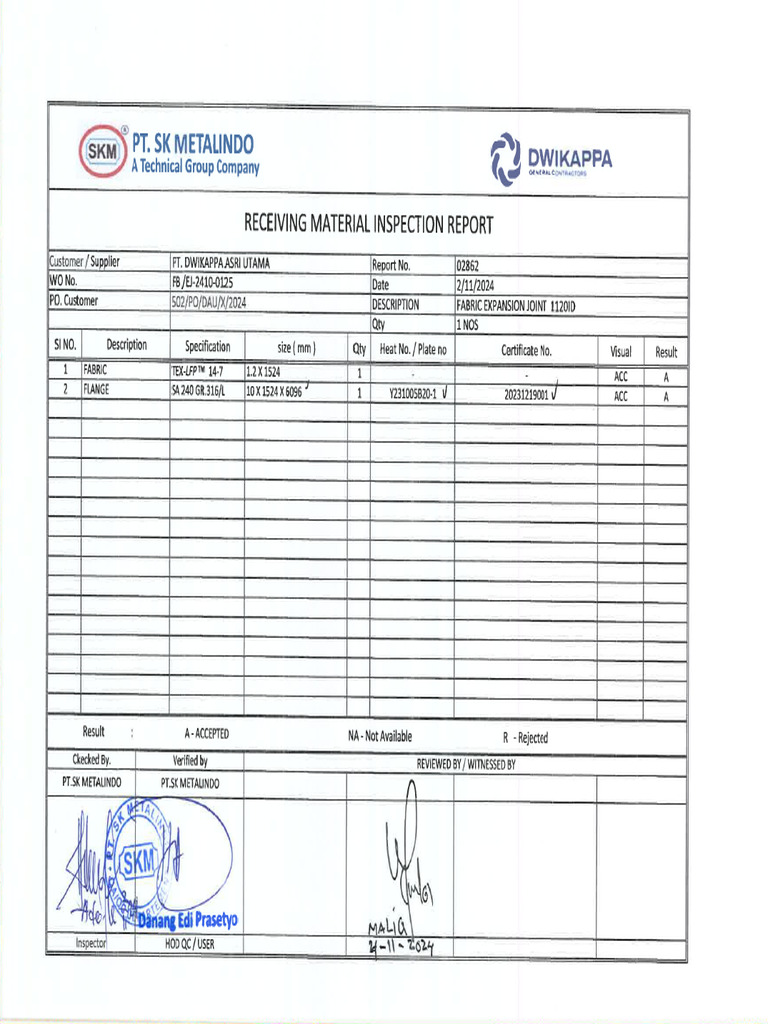 Receiving Material Inspection Report Fabric 1120id | PDF
