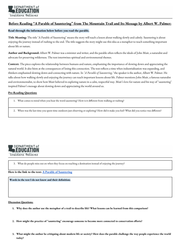 A Parable For Sauntering - Discussion Questions | PDF | John Muir | Parable