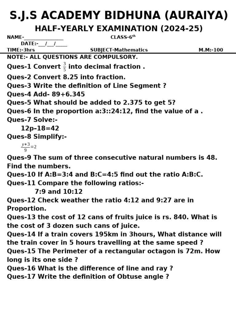 Class 6 Mathematics Half-Yearly Exam 2024 | PDF
