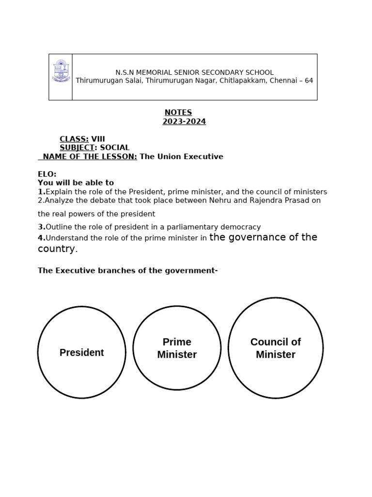 VIII Notes The Union Executive | PDF | Cabinet (Government) | Public Law